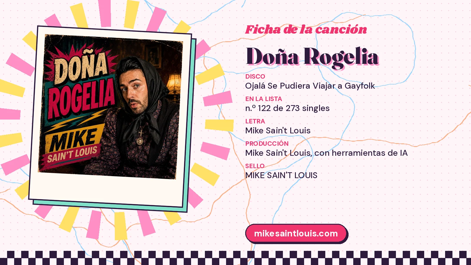 Ficha de la canción «Doña Rogelia» con su carátula: disco «Ojalá Se Pudiera Viajar a Gayfolk», letra y producción de Mike Sain't Louis