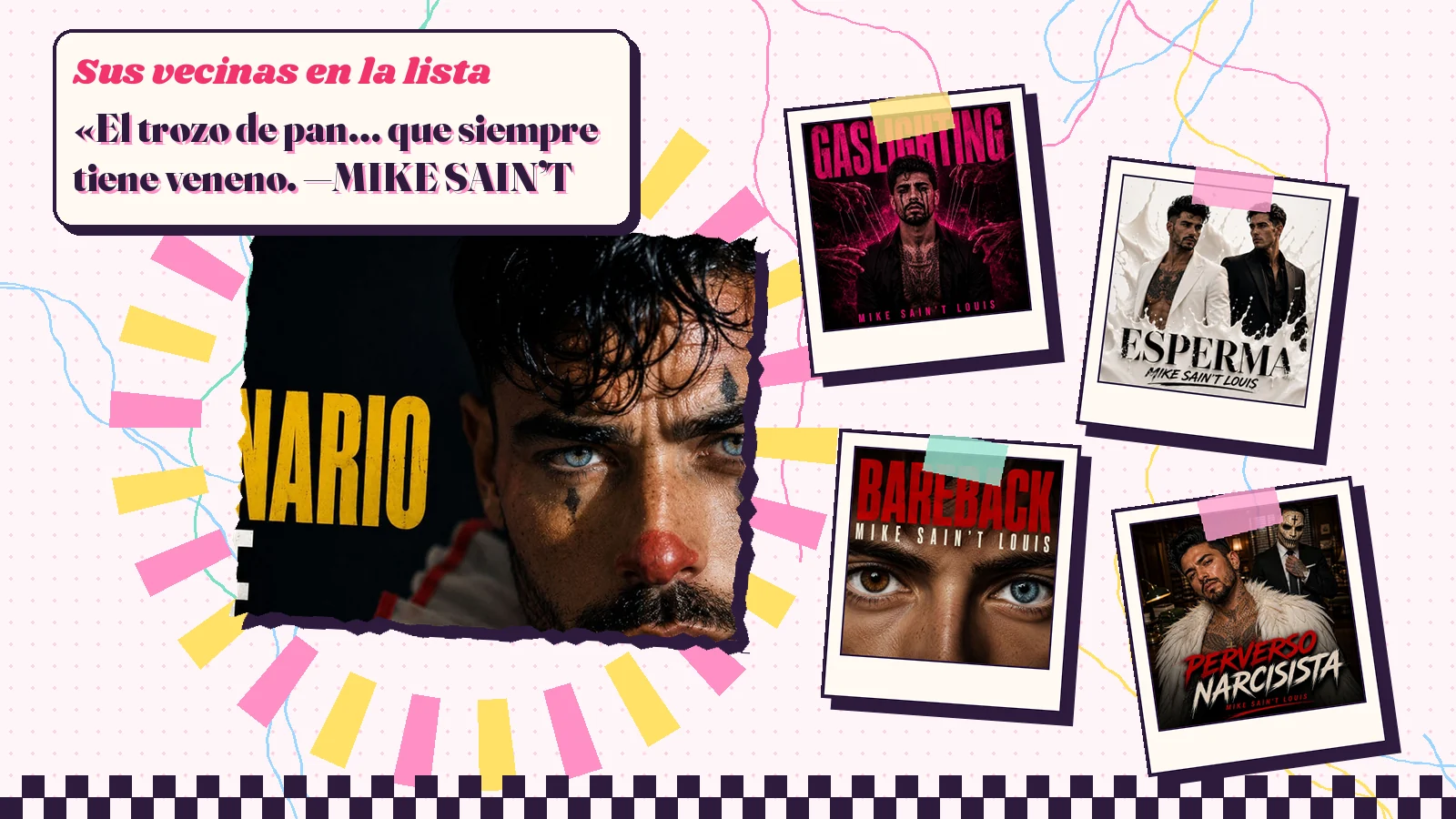 Collage con un detalle de la carátula de «El canario que miente» y las carátulas de «Gaslighting», «Esperma», «Bareback», «Perverso narcisista»