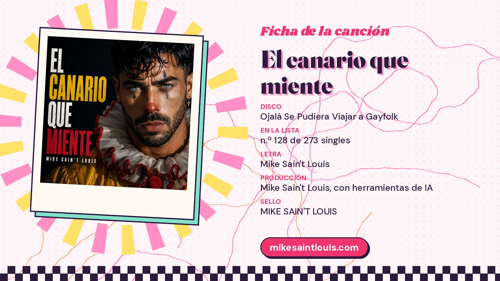 Ficha de la canción «El canario que miente» con su carátula: disco «Ojalá Se Pudiera Viajar a Gayfolk», letra y producción de Mike Sain't Louis