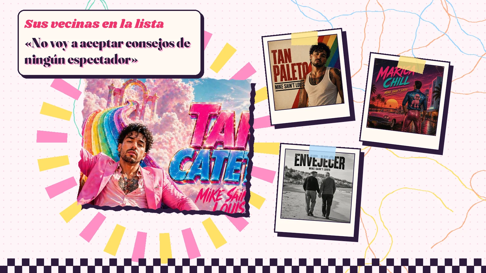 Collage con un detalle de la carátula de «Tan cateto» y las carátulas de «Tan paleto», «Marica chill», «Envejecer»