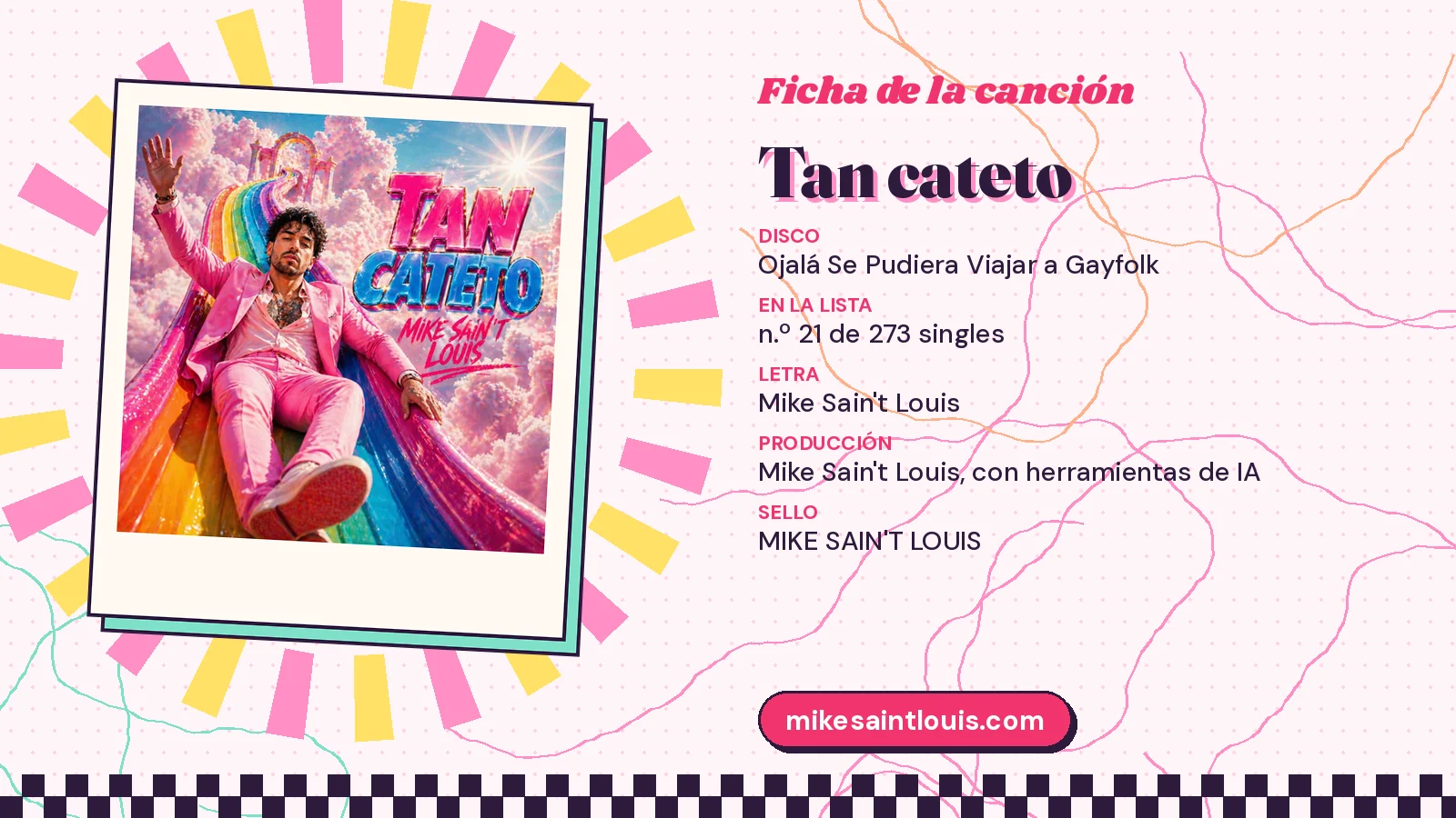 Ficha de la canción «Tan cateto» con su carátula: disco «Ojalá Se Pudiera Viajar a Gayfolk», letra y producción de Mike Sain't Louis