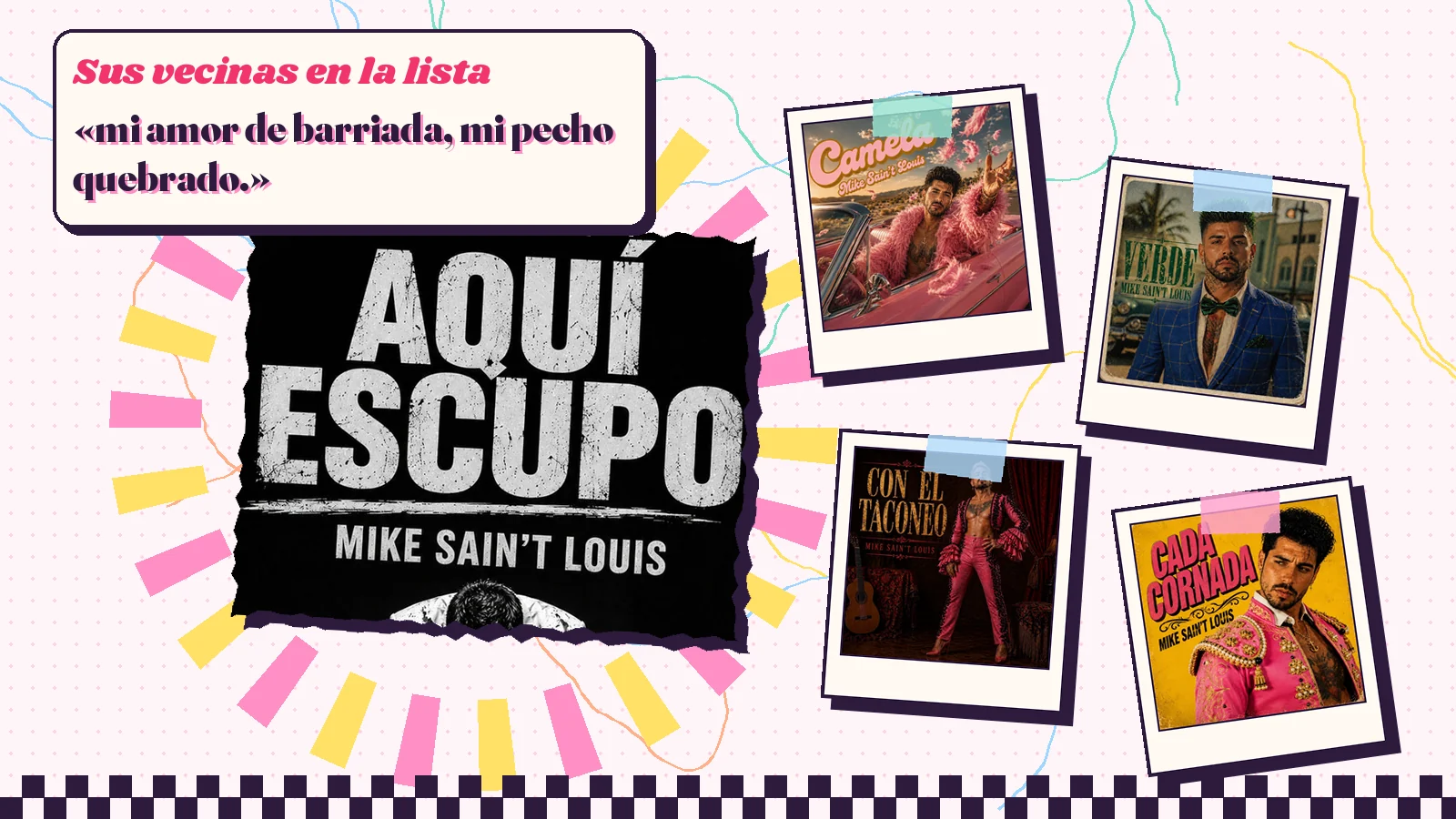 Collage with a detail of the «Aquí escupo» cover art and the covers of «Camela», «Verde», «Con el taconeo» and «Cada cornada»