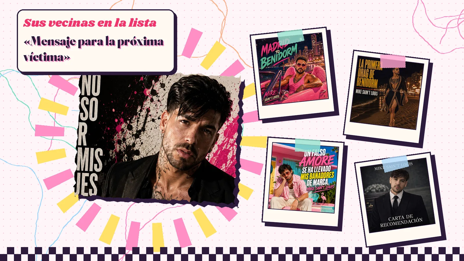 Collage con un detalle de la carátula de «¡Que no pienso decir que mis trajes son de Zara!» y las carátulas de «Madrid to Benidorm», «La primera drag de Benidorm», «Un falso amore se ha llevado mis bañadores de marca», «Carta de recomendación»
