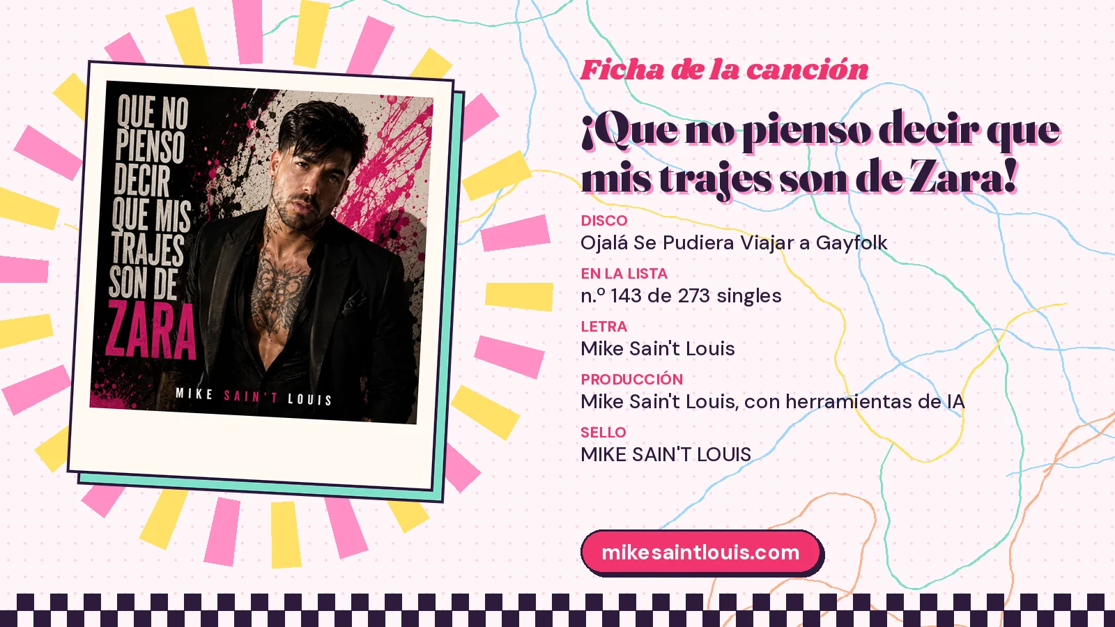 Ficha de la canción «¡Que no pienso decir que mis trajes son de Zara!» con su carátula: disco «Ojalá Se Pudiera Viajar a Gayfolk», letra y producción de Mike Sain't Louis