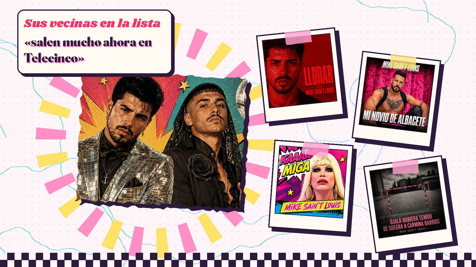 Collage con un detalle de la carátula de «La Shakira y el Piqué de todo a 1 euro» y las carátulas de «Llorar», «Mi novio de Albacete», «Kaaa miga», «Ojalá hubiera tenido de suegra a Carmina Barrios»