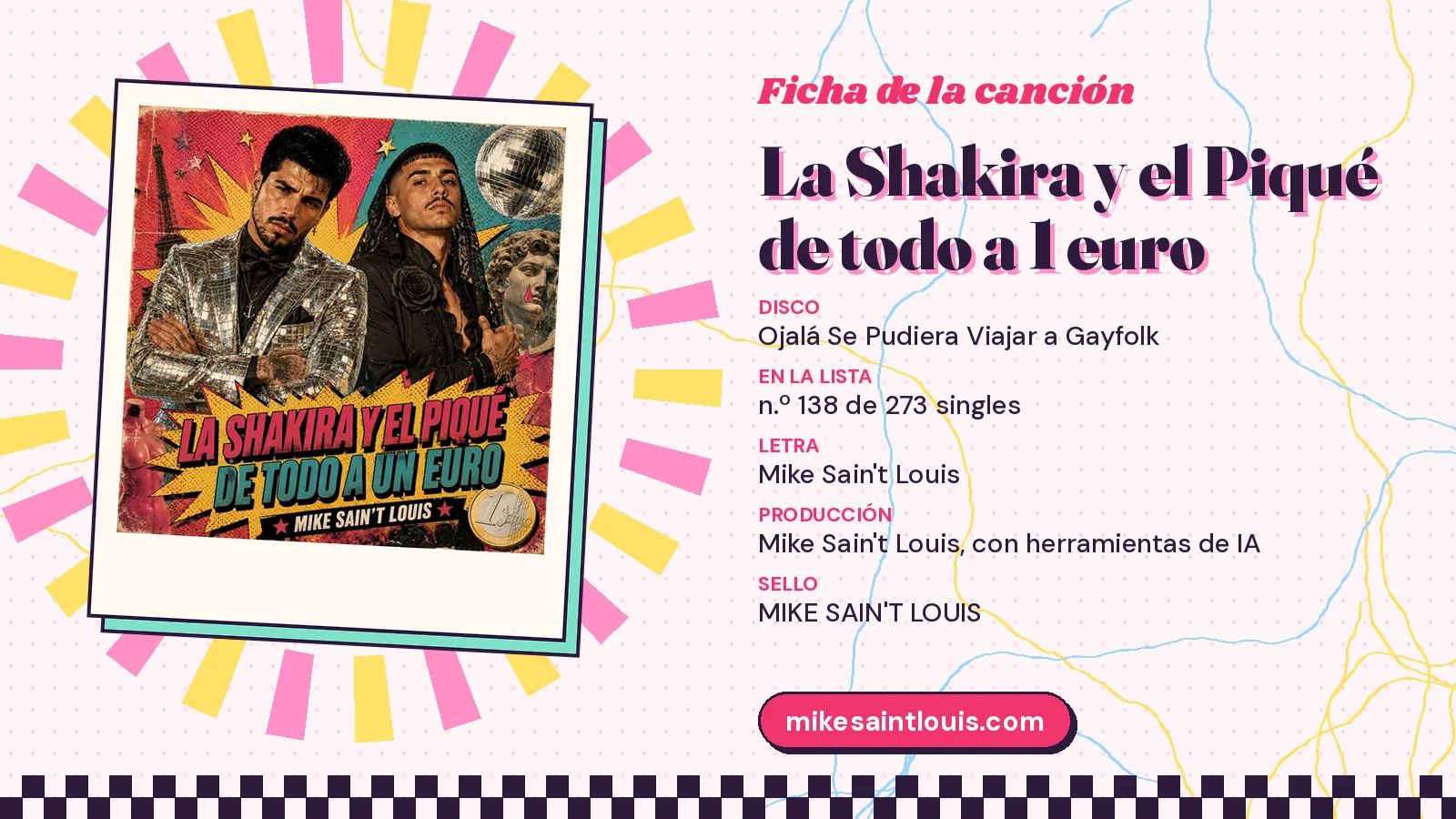Ficha de la canción «La Shakira y el Piqué de todo a 1 euro» con su carátula: disco «Ojalá Se Pudiera Viajar a Gayfolk», letra y producción de Mike Sain't Louis
