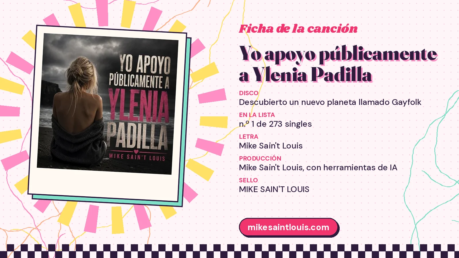 Ficha de la canción «Yo apoyo públicamente a Ylenia Padilla» con su carátula: disco «Descubierto un nuevo planeta llamado Gayfolk», letra y producción de Mike Sain't Louis