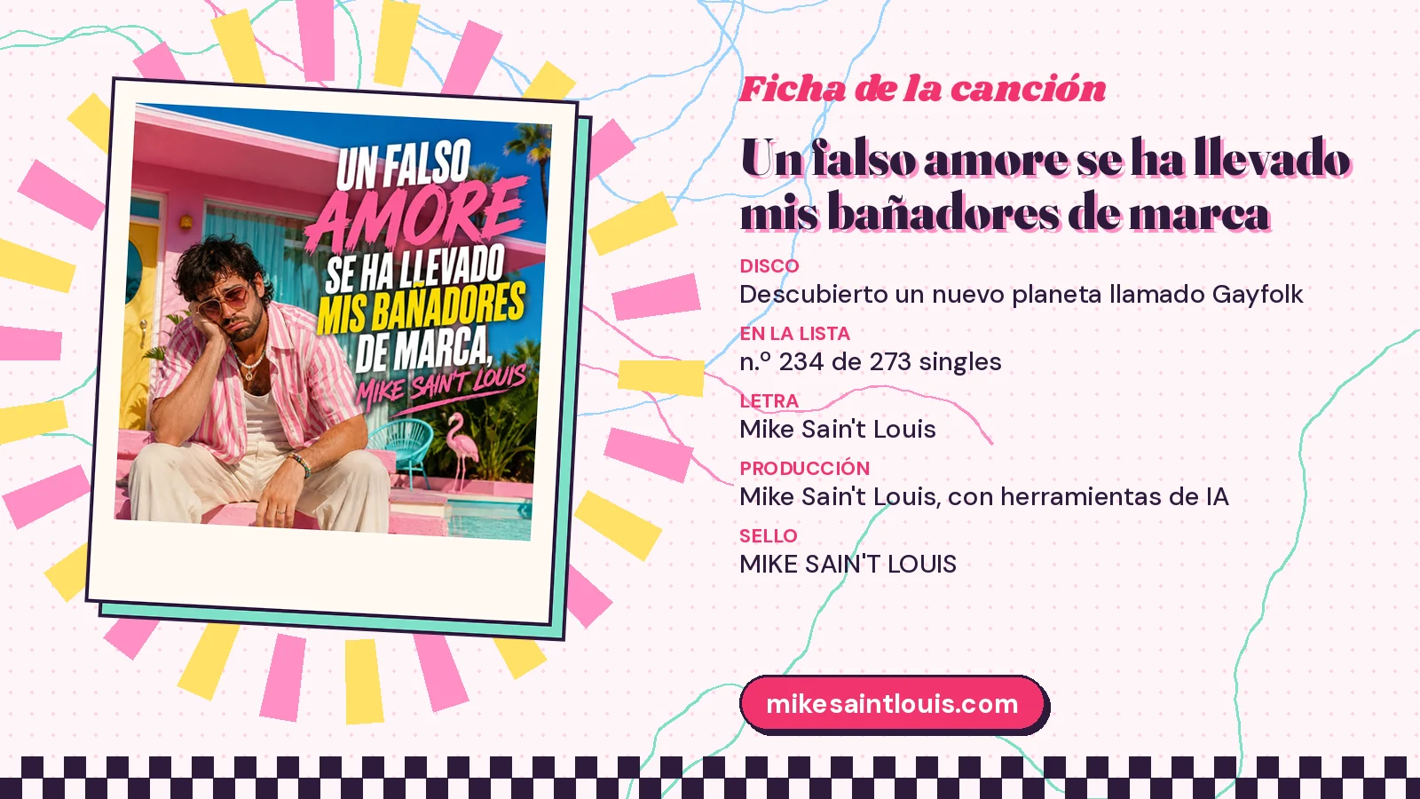 Ficha de la canción «Un falso amore se ha llevado mis bañadores de marca» con su carátula: disco «Descubierto un nuevo planeta llamado Gayfolk», letra y producción de Mike Sain't Louis