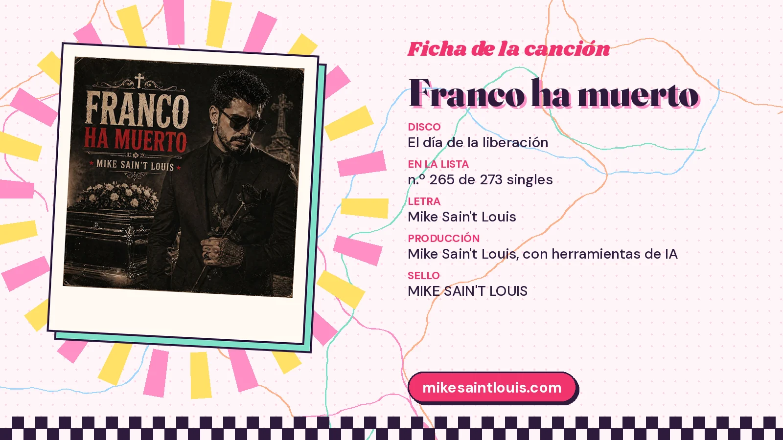 Ficha de la canción «Franco ha muerto» con su carátula: disco «El día de la liberación», letra y producción de Mike Sain't Louis