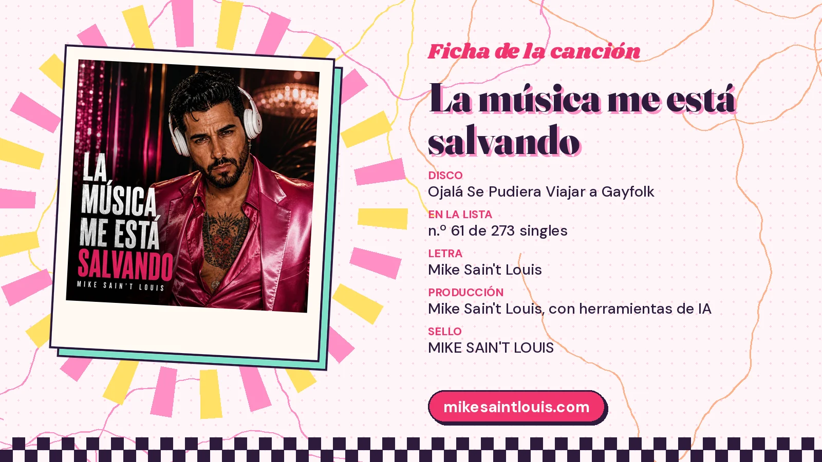 Ficha de la canción «La música me está salvando» con su carátula: disco «Ojalá Se Pudiera Viajar a Gayfolk», letra y producción de Mike Sain't Louis