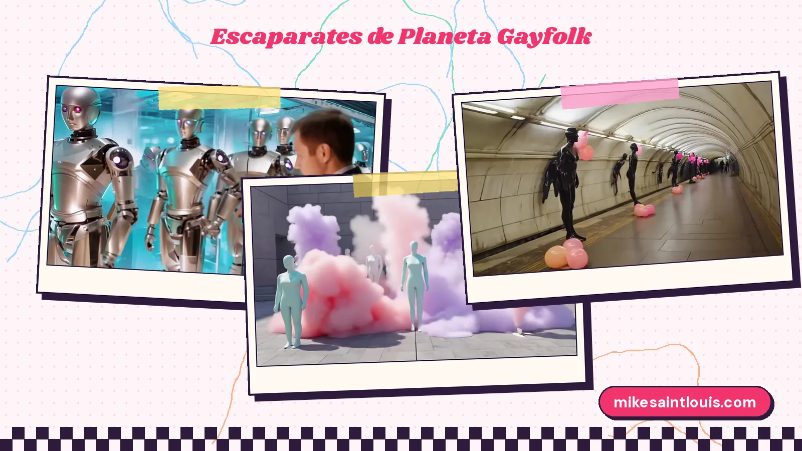 Escaparates de Planeta Gayfolk: robots plateados de ojos rosas en vitrinas de «Mi último ex era una IA disfrazada», maniquíes turquesa entre humo rosa y lila y figuras negras con alas junto a globos rosas en un túnel de «Contact Overwhelms Me»
