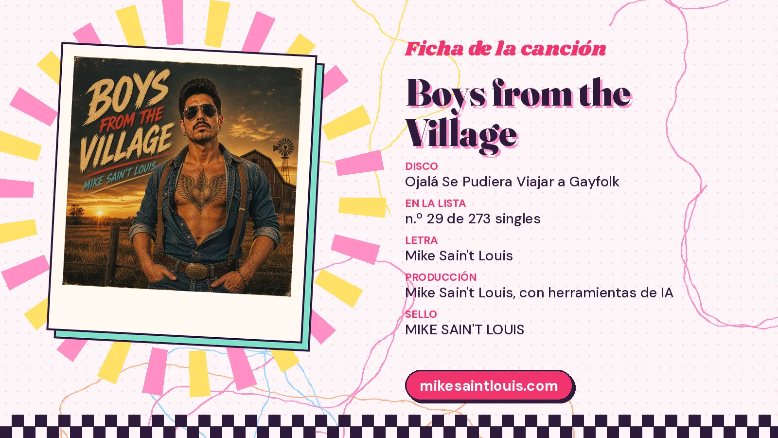 Ficha de la canción «Boys from the Village» con su carátula: disco «Ojalá Se Pudiera Viajar a Gayfolk», letra y producción de Mike Sain't Louis