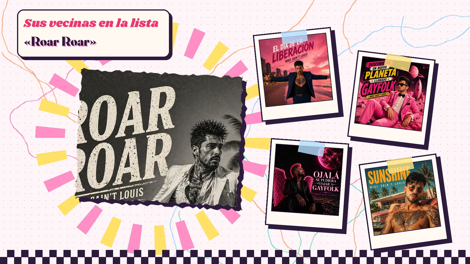 Collage con un detalle de la carátula de «Roar Roar» y las carátulas de «El día de la liberación», «Descubierto un nuevo planeta llamado Gayfolk», «Ojalá se pudiera viajar a Gayfolk», «Sunshine»