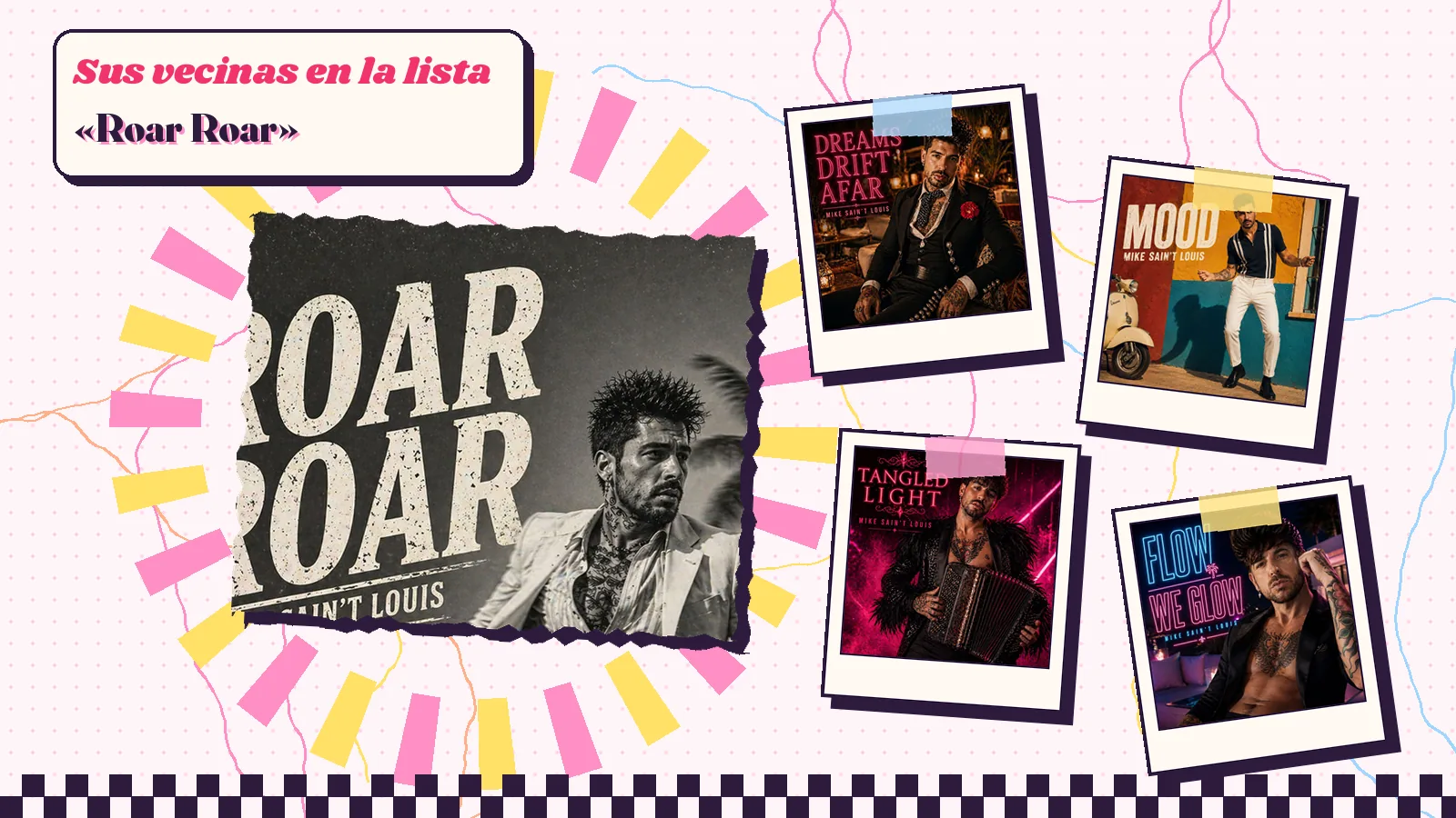 Collage con un detalle de la carátula de «Roar Roar» y las carátulas de «Dreams Drift Afar», «Mood», «Tangled Light», «Flow / We Glow»
