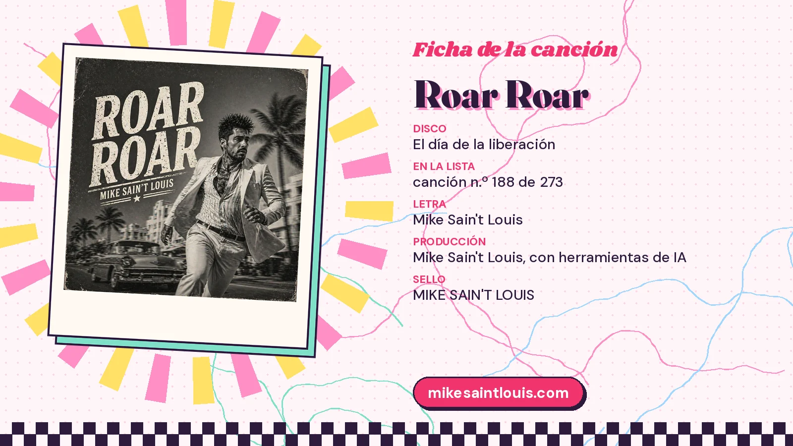 Ficha de la canción «Roar Roar» con su carátula: disco «El día de la liberación», letra y producción de Mike Sain't Louis
