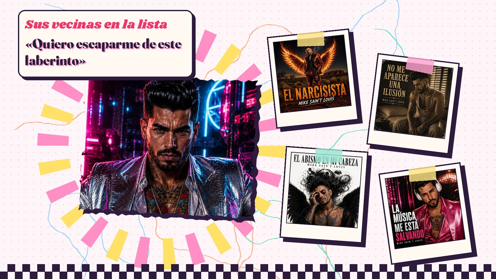 Collage con un detalle de la carátula de «Ruido en mi mente» y las carátulas de «El narcisista», «No me aparece una ilusión», «El abismo en mi cabeza», «La música me está salvando»