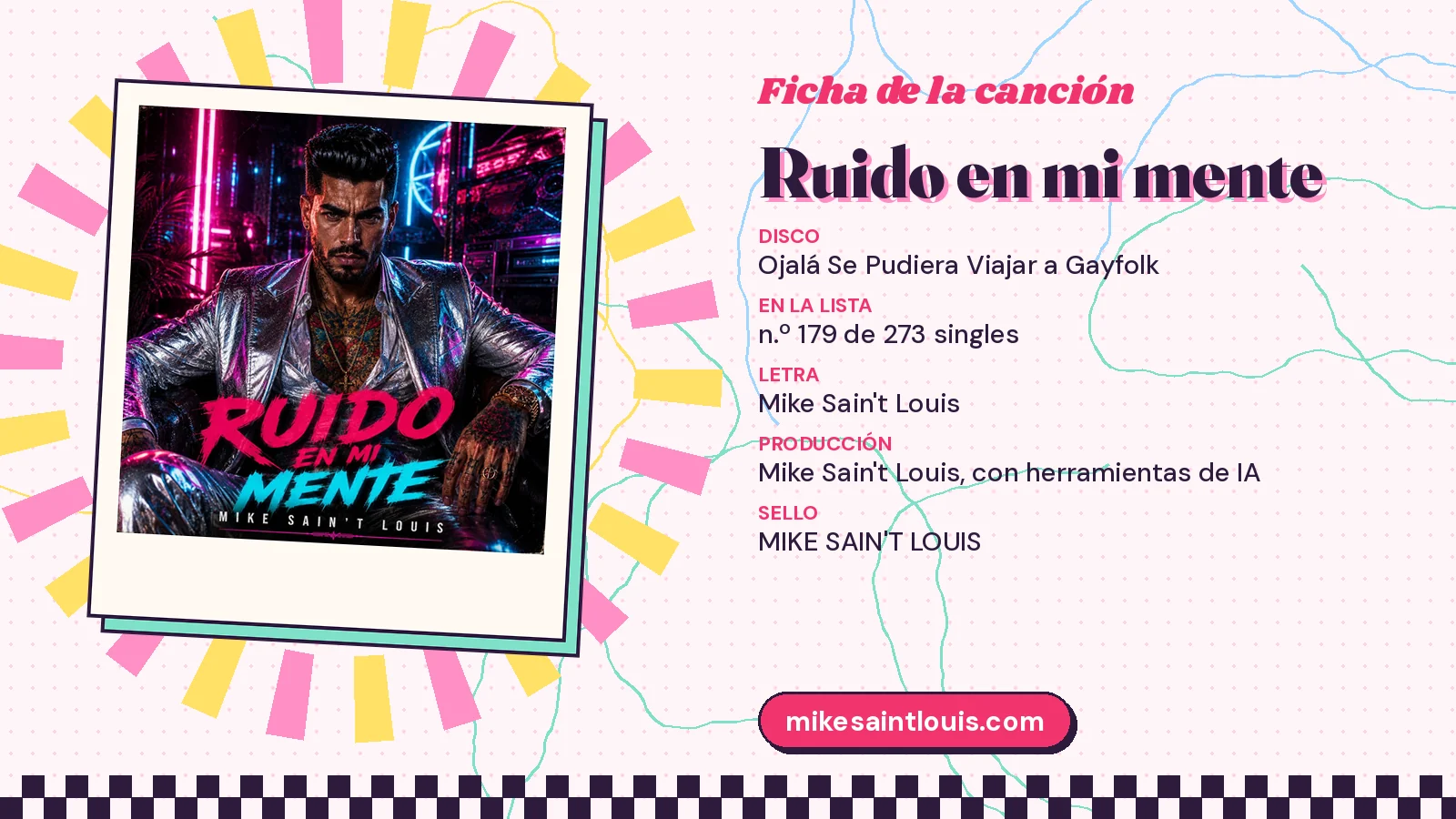 Ficha de la canción «Ruido en mi mente» con su carátula: disco «Ojalá Se Pudiera Viajar a Gayfolk», letra y producción de Mike Sain't Louis