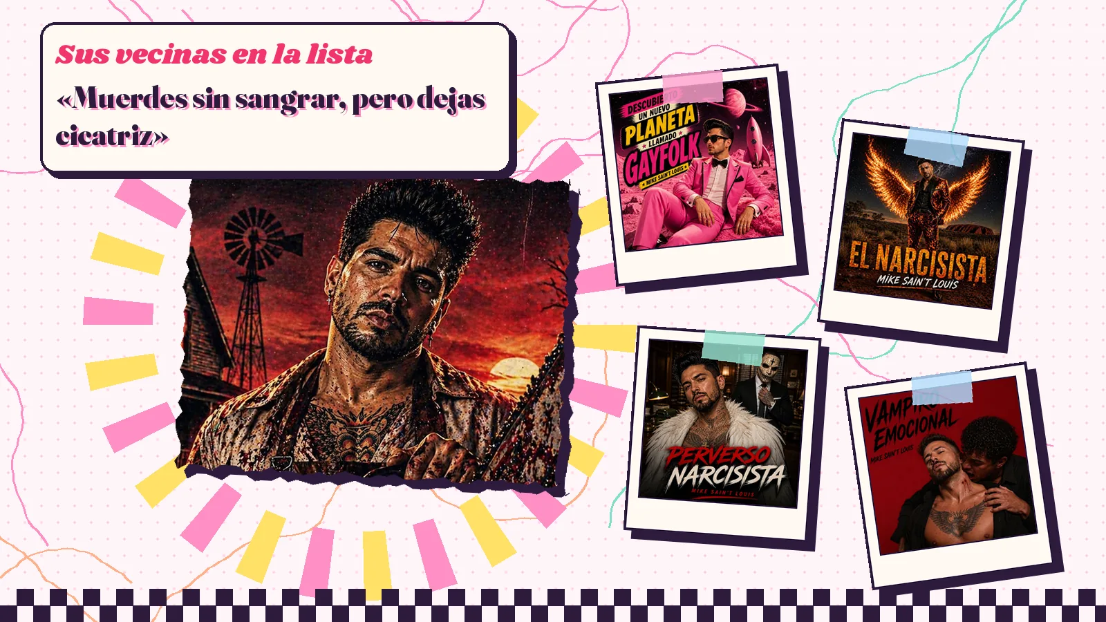 Collage con un detalle de la carátula de «Como en la matanza de Texas» y las carátulas de «Descubierto un nuevo planeta llamado Gayfolk», «El narcisista», «Perverso narcisista», «Vampiro emocional»