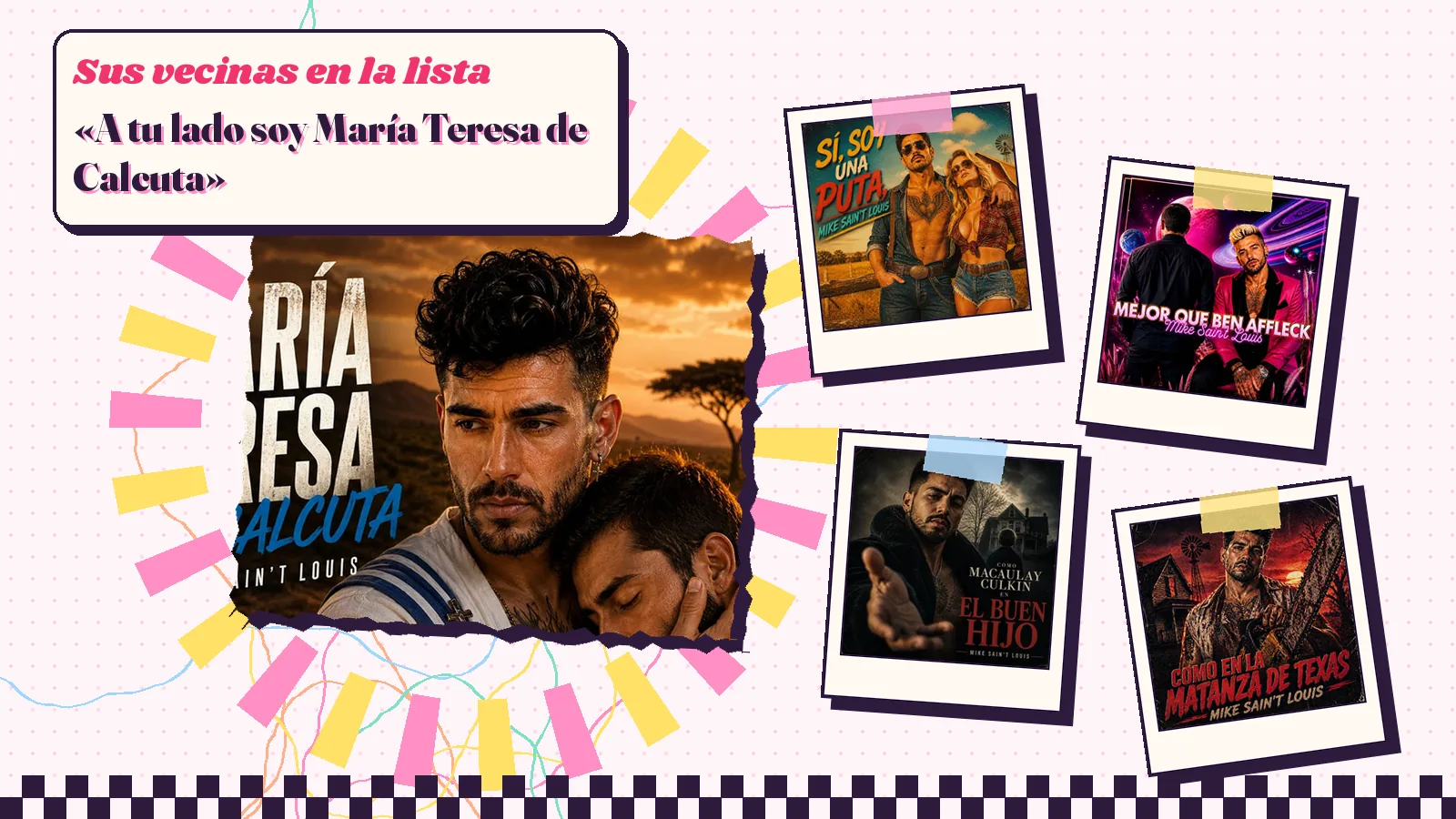 Collage con un detalle de la carátula de «María Teresa de Calcuta» y las carátulas de «Sí, Soy una Puta», «Mejor que Ben Affleck», «Como Macaulay Culkin en el buen hijo», «Como en la matanza de Texas»