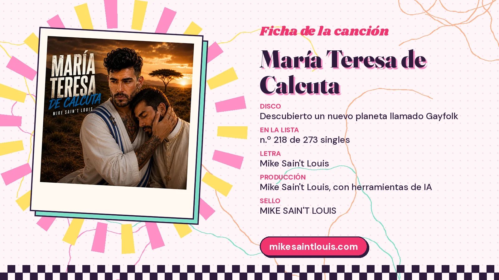Ficha de la canción «María Teresa de Calcuta» con su carátula: disco «Descubierto un nuevo planeta llamado Gayfolk», letra y producción de Mike Sain't Louis