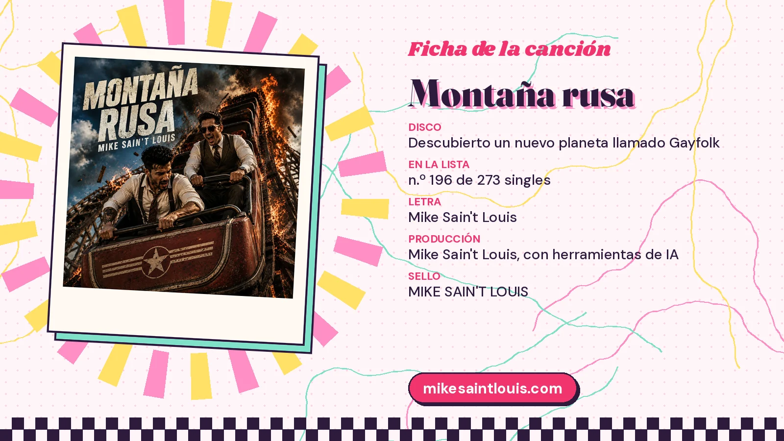 Ficha de la canción «Montaña rusa» con su carátula: disco «Descubierto un nuevo planeta llamado Gayfolk», letra y producción de Mike Sain't Louis