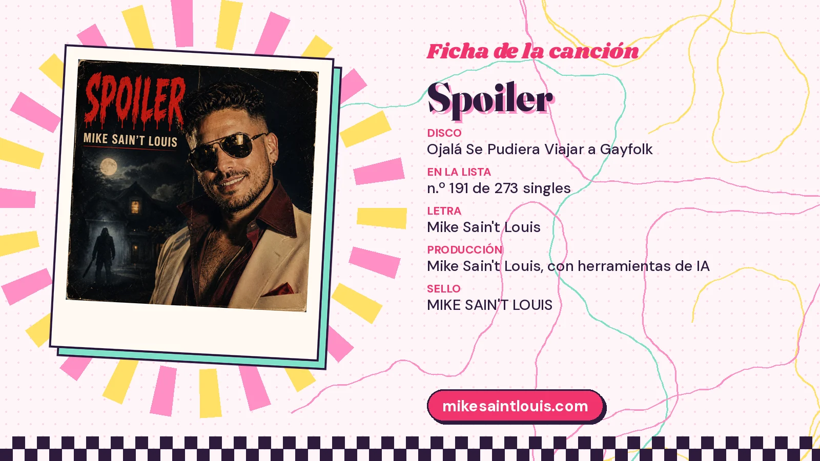 Ficha de la canción «Spoiler» con su carátula: disco «Ojalá Se Pudiera Viajar a Gayfolk», letra y producción de Mike Sain't Louis