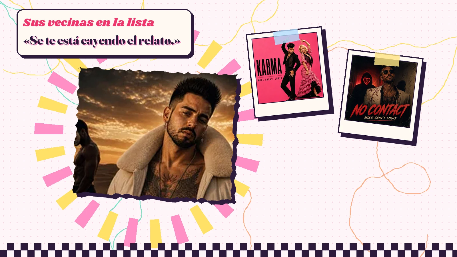 Collage with a detail of the «Ese Pinocho nunca me comía el chocho» cover art and the covers of «Karma» and «No contact»