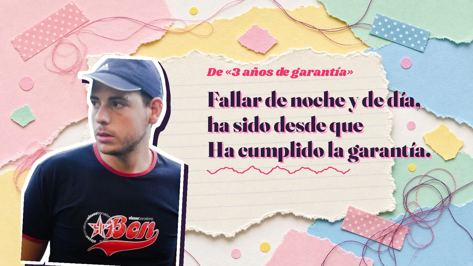 Mike Sain't Louis como pegatina sobre una página de cuaderno con papeles rasgados, con el verso «Fallar de noche y de día, ha sido desde que Ha cumplido la garantía.» de «3 años de garantía»