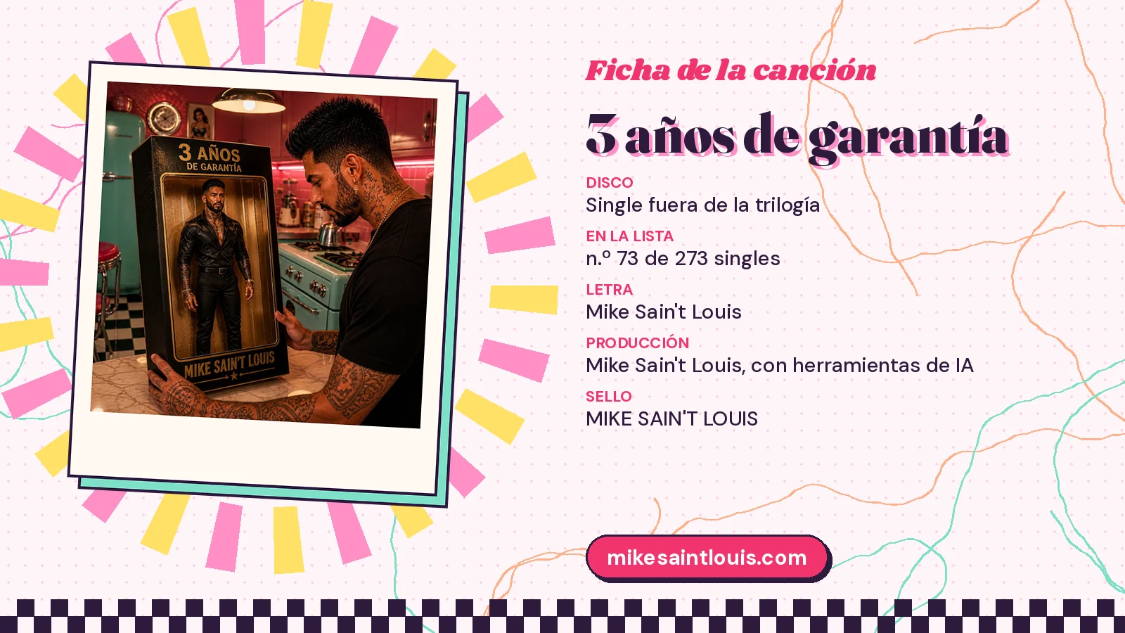 Ficha de la canción «3 años de garantía» con su carátula: disco «Single fuera de la trilogía», letra y producción de Mike Sain't Louis