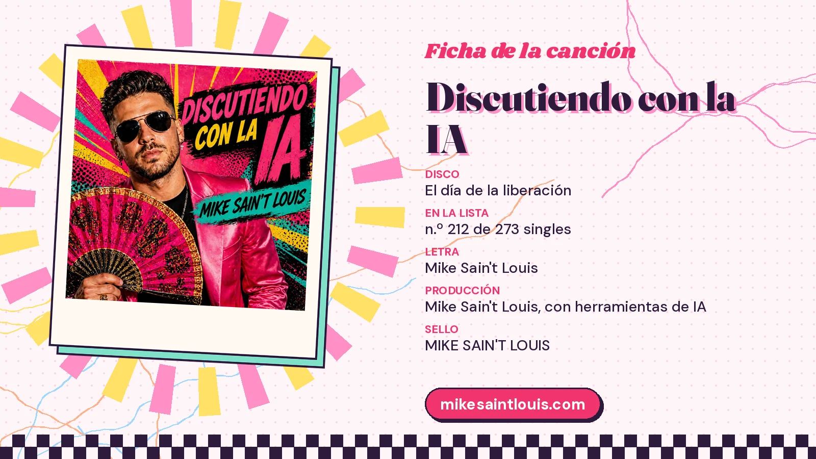 Ficha de la canción «Discutiendo con la IA» con su carátula: disco «El día de la liberación», letra y producción de Mike Sain't Louis