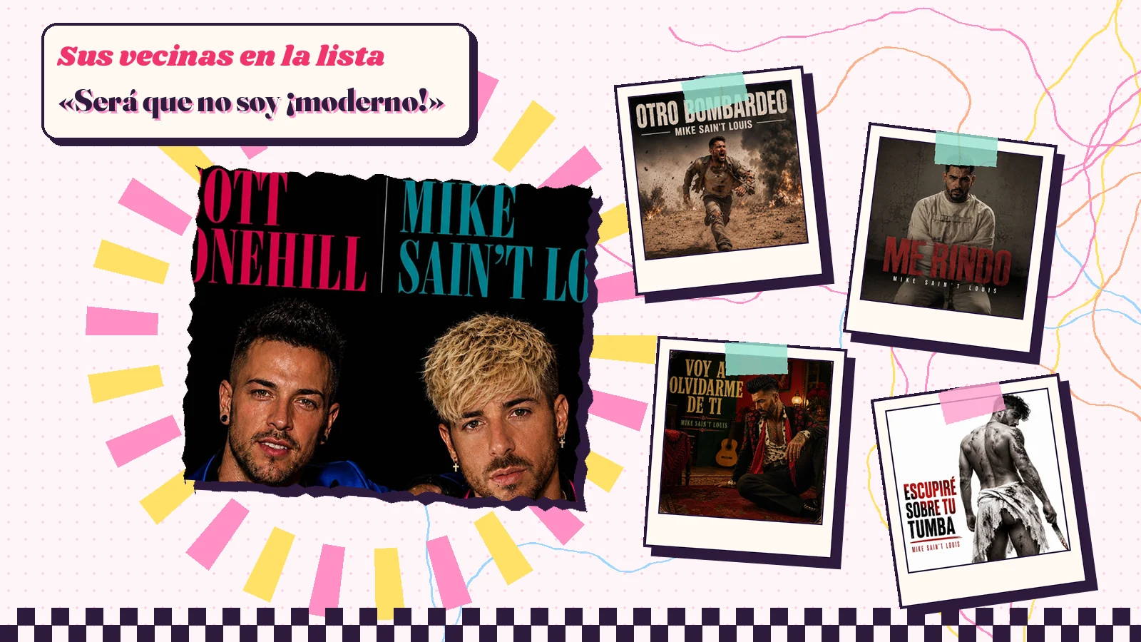 Collage with a detail of the «Scott Bonehill» cover art and the covers of «Otro bombardeo», «Me rindo», «Voy a olvidarme de ti» and «Escupiré sobre tu tumba»