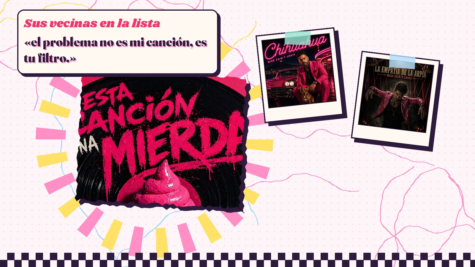 Collage con un detalle de la carátula de «Esta canción es una mierda» y las carátulas de «Chihuahua», «La Empatía de la Arpía»