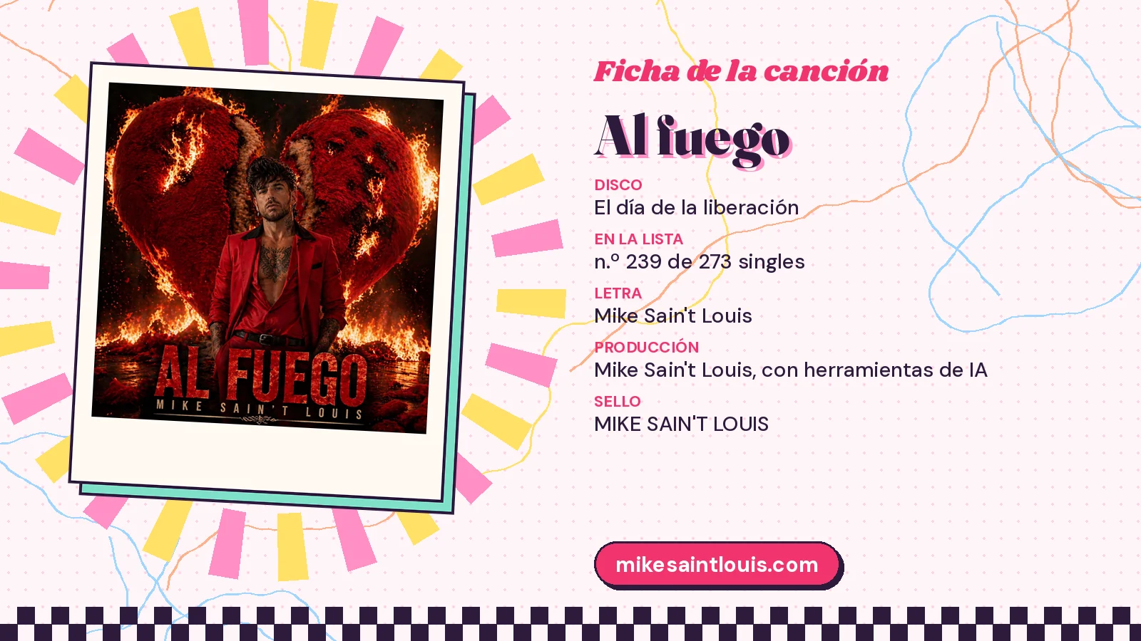 Song card for «Al fuego» with its cover art: from the album «El día de la liberación», lyrics and production by Mike Sain't Louis