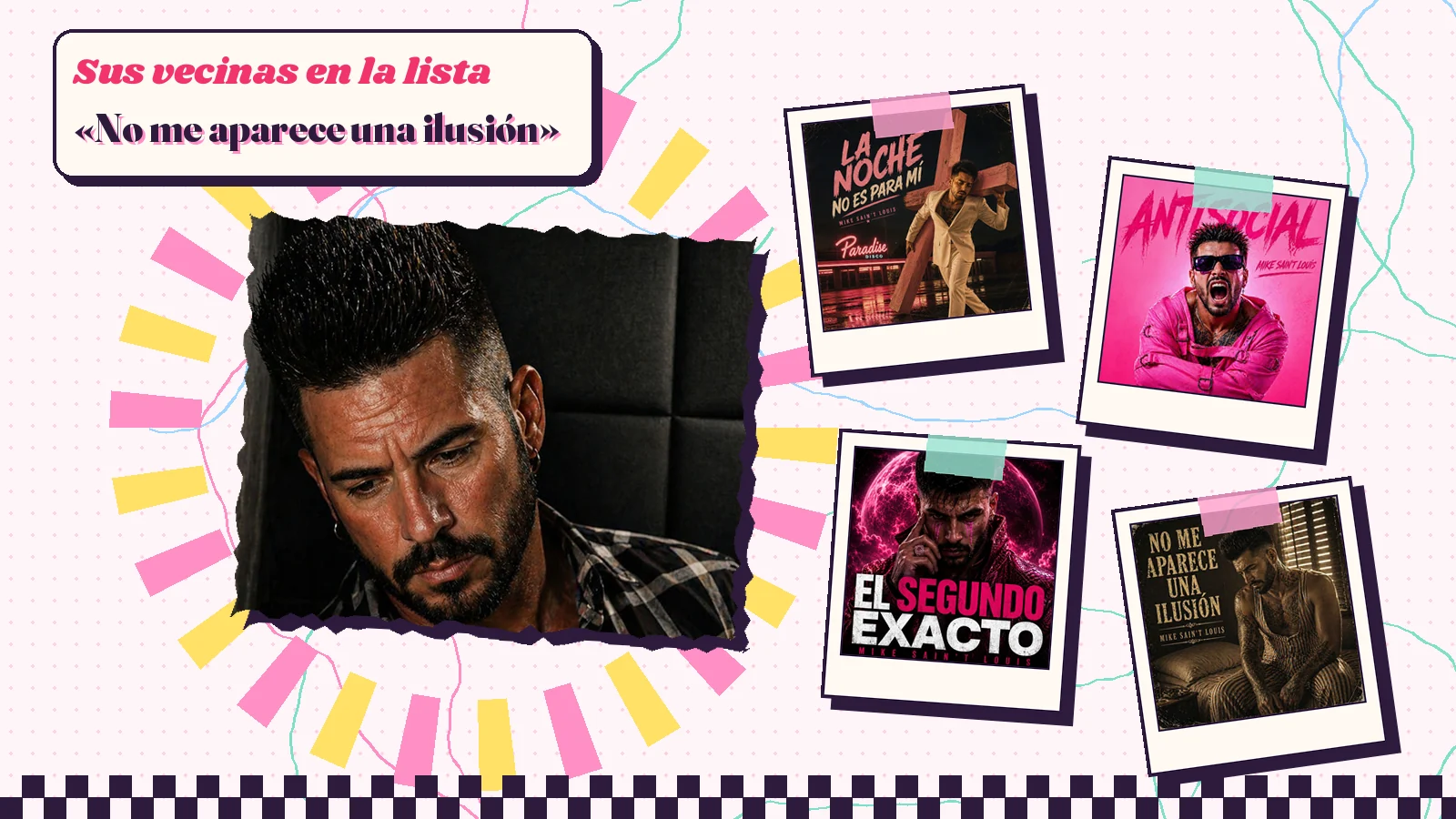 Collage with a detail of the «Entre cuatro paredes» cover art and the covers of «La Noche No Es para Mí», «Antisocial», «El segundo exacto» and «No Me Aparece una IlusióN»