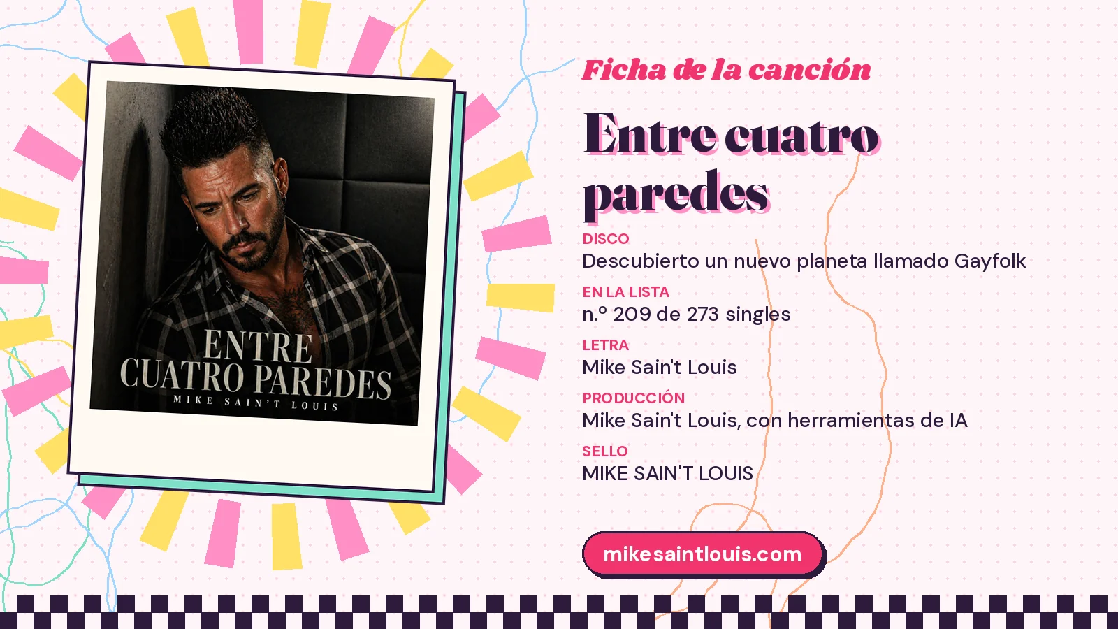 Song card for «Entre cuatro paredes» with its cover art: from the album «Descubierto un nuevo planeta llamado Gayfolk», lyrics and production by Mike Sain't Louis