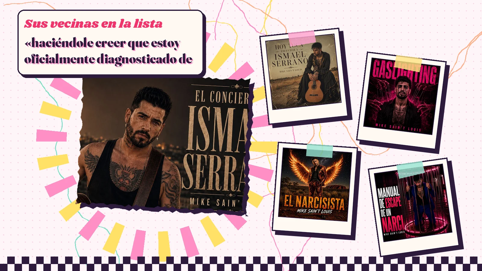 Collage con un detalle de la carátula de «El concierto de Ismael Serrano» y las carátulas de «Hoy toca escuchar a Ismael Serrano», «Gaslighting», «El narcisista», «Manual de escape de un narci»