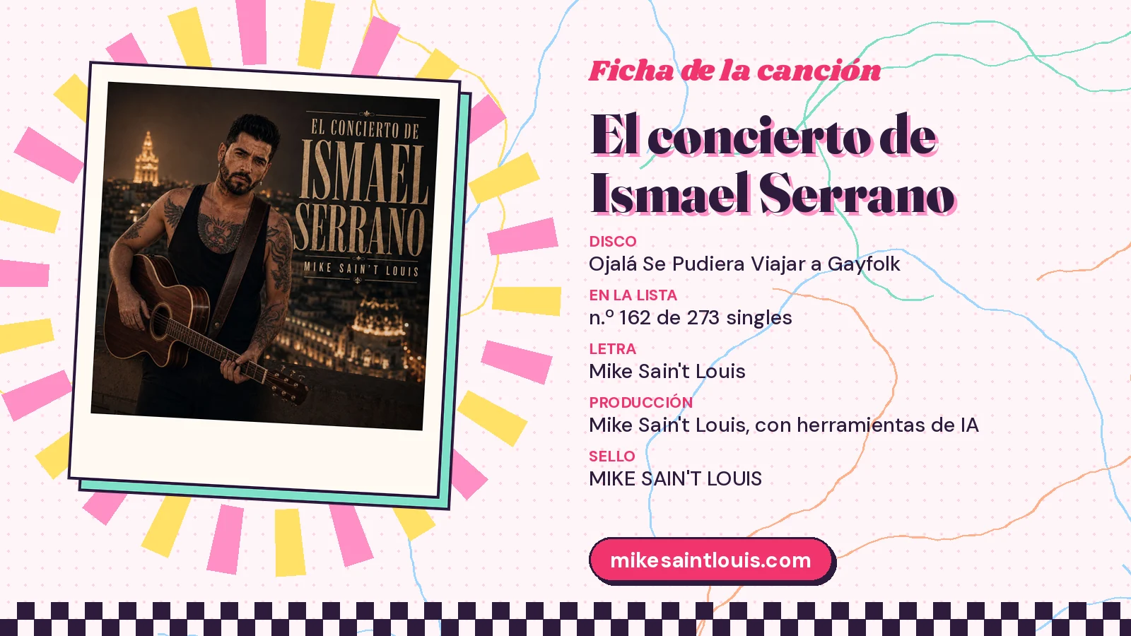 Ficha de la canción «El concierto de Ismael Serrano» con su carátula: disco «Ojalá Se Pudiera Viajar a Gayfolk», letra y producción de Mike Sain't Louis