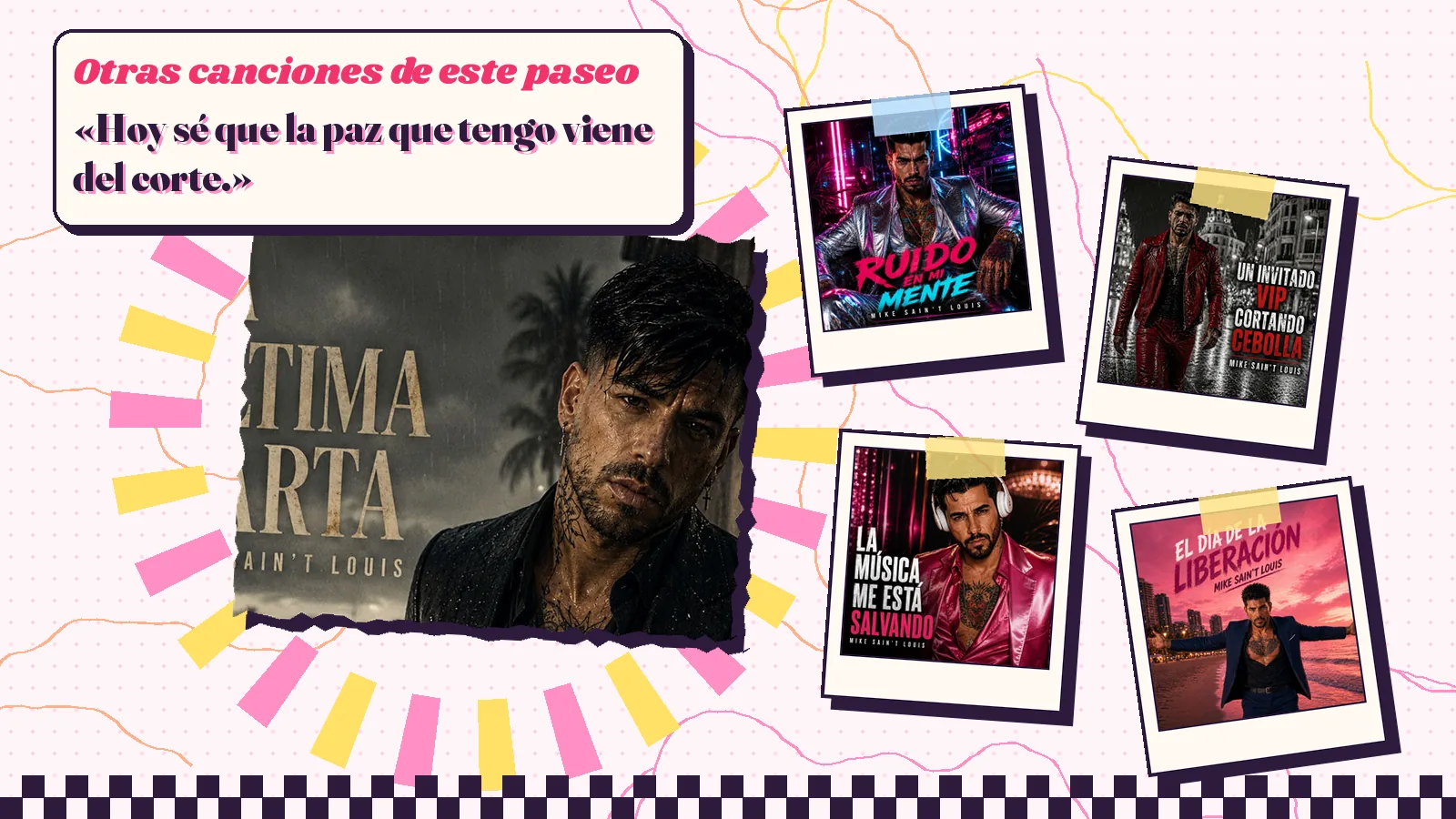 Collage con un detalle de la carátula de «La última carta», el verso «Hoy sé que la paz que tengo viene del corte.» y las carátulas de «Ruido en mi mente», «Un invitado VIP cortando cebolla», «La música me está salvando» y «El día de la liberación»