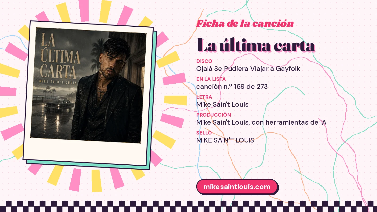 Ficha de la canción «La última carta» de Mike Sain't Louis: disco Ojalá Se Pudiera Viajar a Gayfolk, número 169 de 273, letra y producción de Mike Sain't Louis