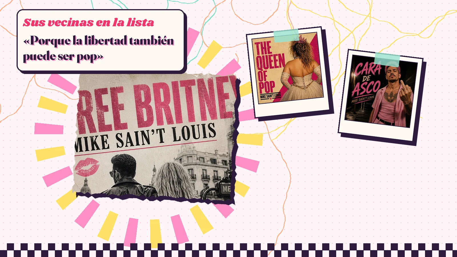 Collage con un detalle de la carátula de «Free Britney» y las carátulas de «The Queen of Pop», «Cara De Asco»
