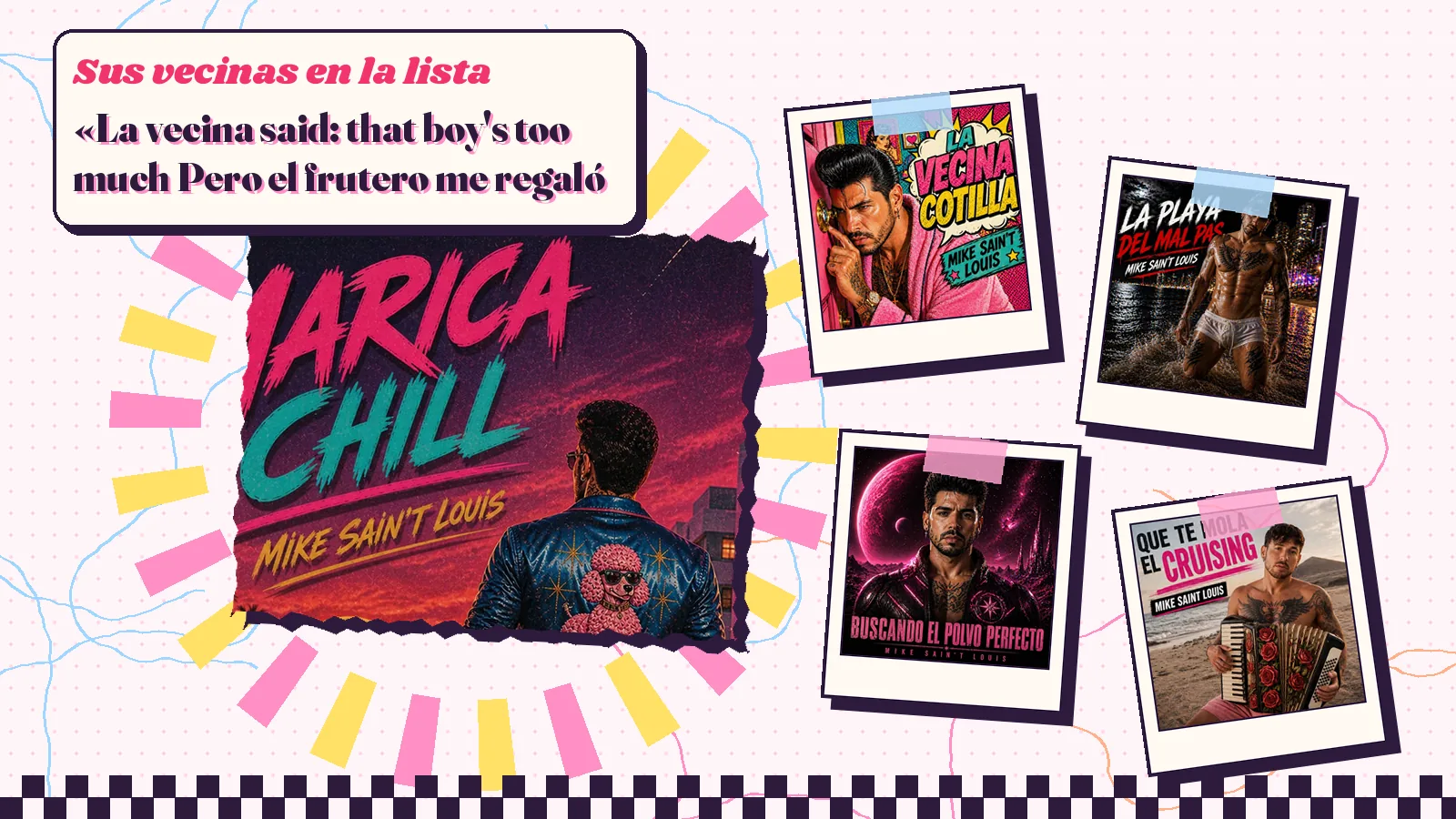 Collage con un detalle de la carátula de «Marica chill» y las carátulas de «La vecina cotilla», «La playa del Mal Pas», «Buscando el polvo perfecto», «Que Te Mola el Cruising»