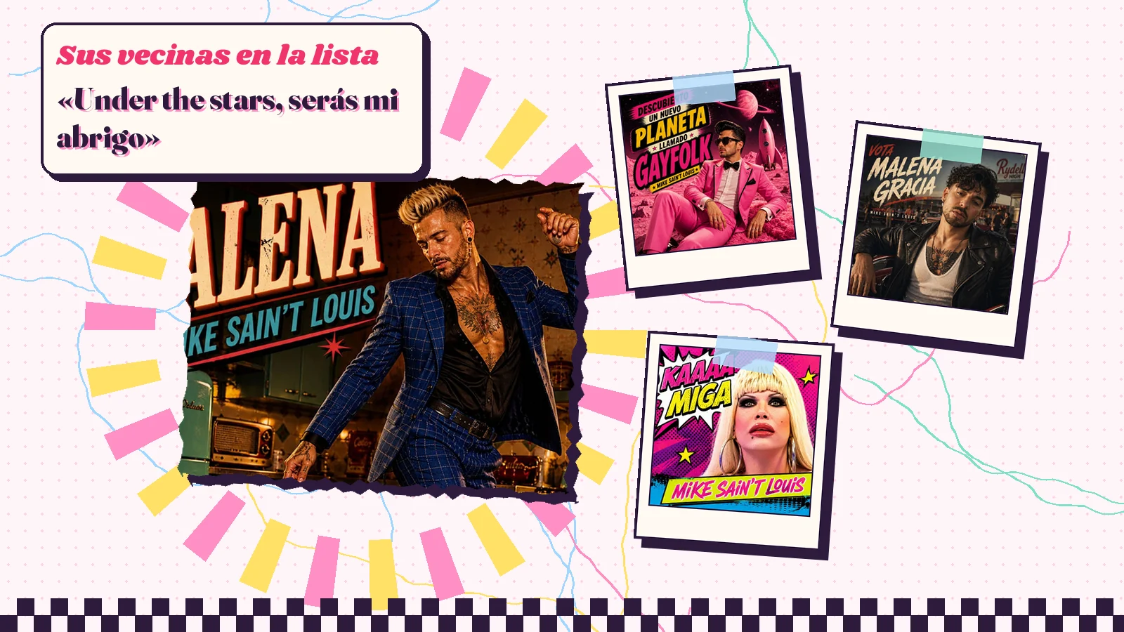 Collage con un detalle de la carátula de «Malena» y las carátulas de «Descubierto un nuevo planeta llamado Gayfolk», «Vota Malena Gracia», «Kaaa Miga»