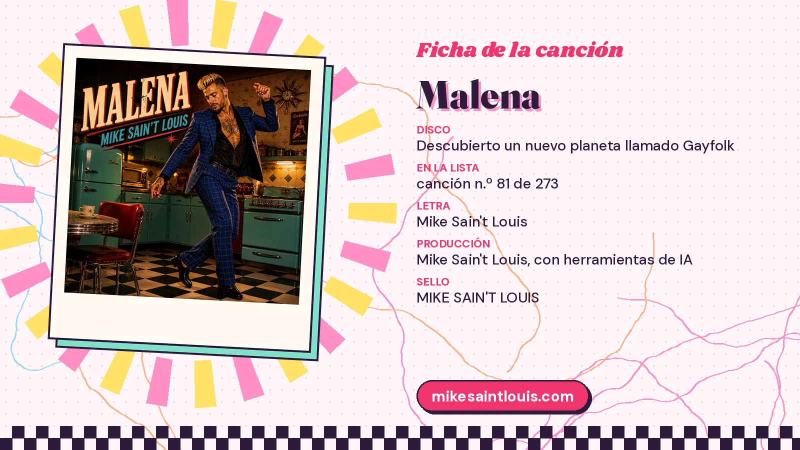 Ficha de la canción «Malena» con su carátula: disco «Descubierto un nuevo planeta llamado Gayfolk», letra y producción de Mike Sain't Louis