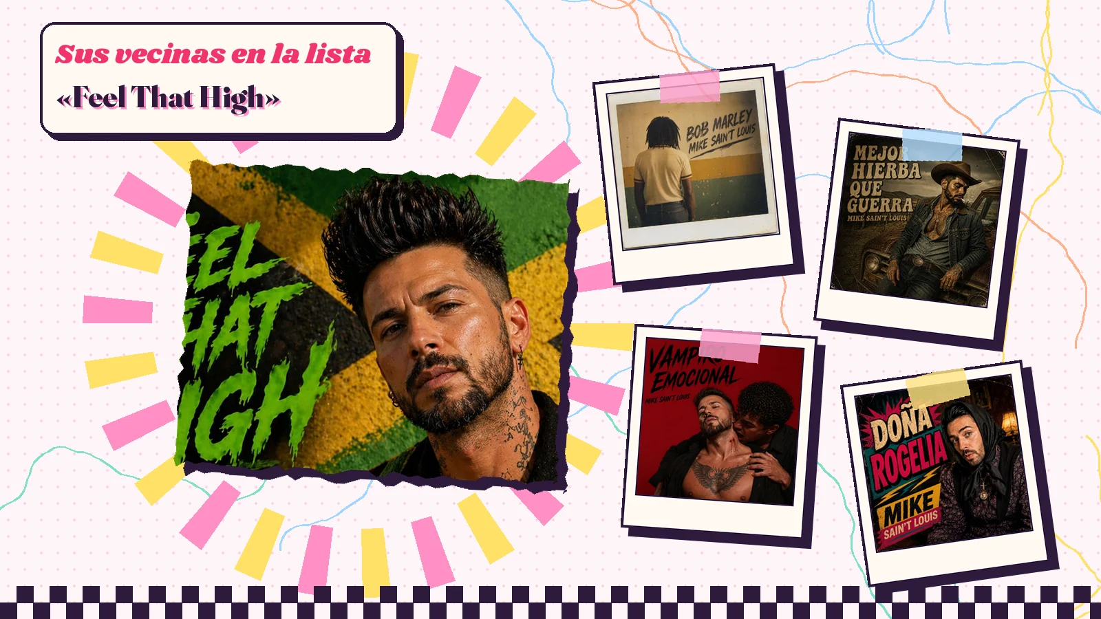 Collage with a detail of the «Feel That High» cover art and the covers of «Bob Marley», «Mejor hierba que guerra», «Vampiro emocional» and «Doña Rogelia»