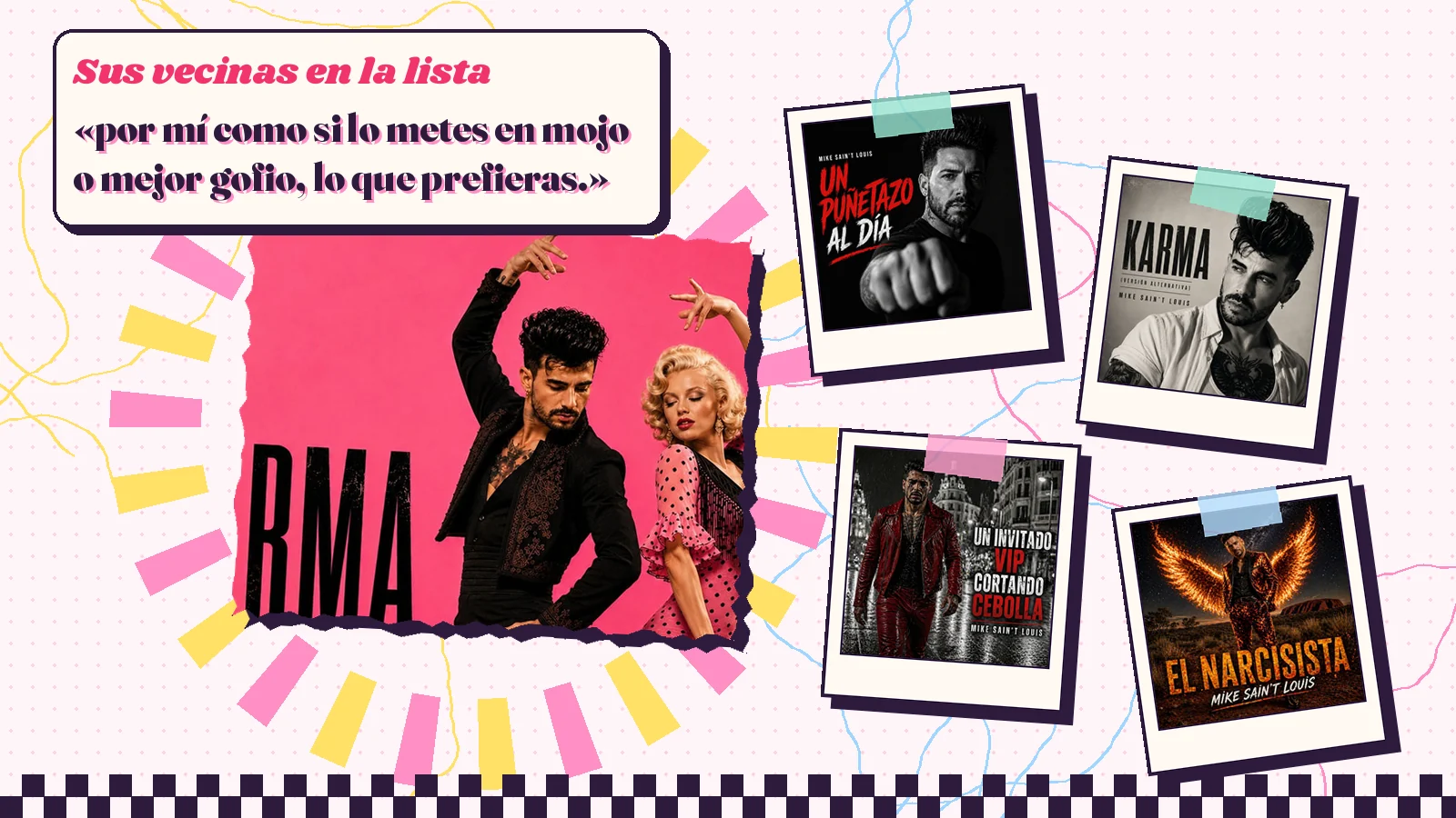 Collage con un detalle de la carátula de «Karma» y las carátulas de «Un puñetazo al dia», «Karma (Versión Alternativa)», «Un invitado VIP cortando cebolla», «El narcisista»