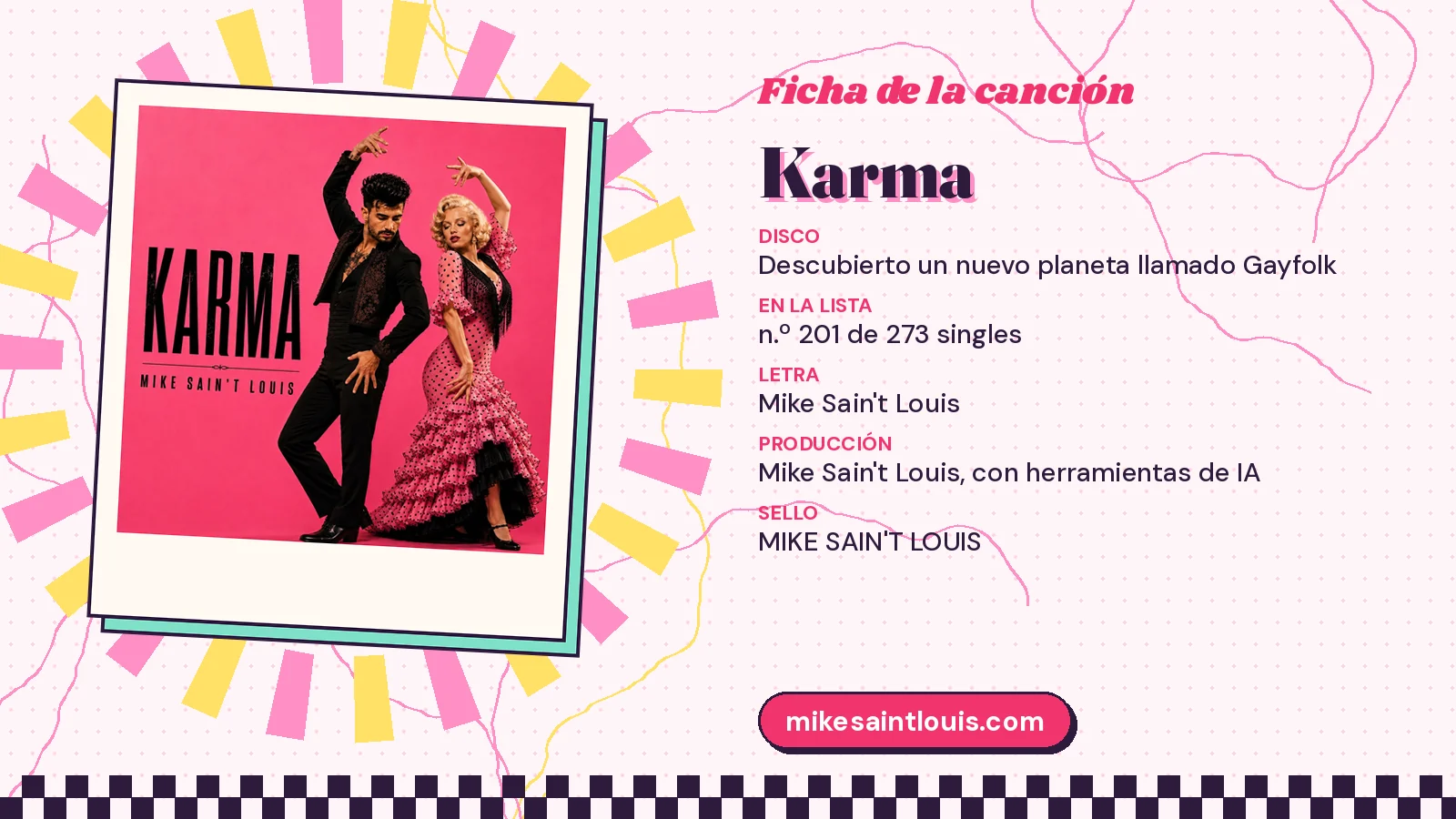 Ficha de la canción «Karma» con su carátula: disco «Descubierto un nuevo planeta llamado Gayfolk», letra y producción de Mike Sain't Louis