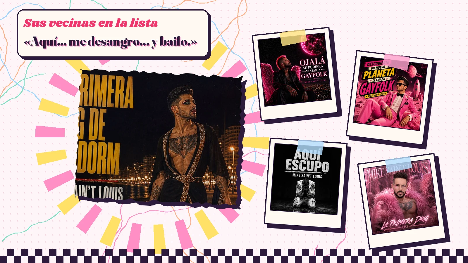 Collage con un detalle de la carátula de «La primera drag de Benidorm» y las carátulas de «Ojalá se pudiera viajar a Gayfolk», «Descubierto un nuevo planeta llamado Gayfolk», «Aquí escupo», «La primera drag»