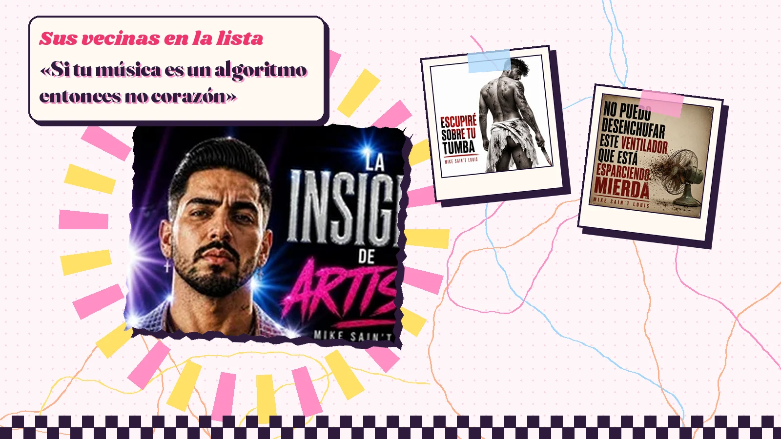 Collage with a detail of the «La insignia de artista» cover art and the covers of «Escupiré Sobre Tu Tumba» and «No puedo desenchufar este ventilador que está esparciendo mierda»
