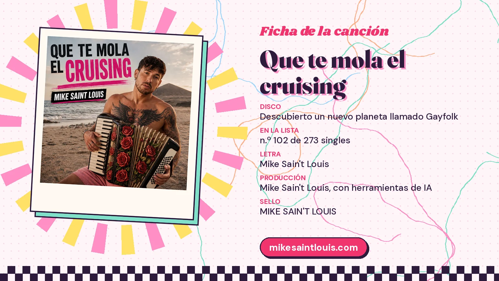 Ficha de la canción «Que te mola el cruising» con su carátula: disco «Descubierto un nuevo planeta llamado Gayfolk», letra y producción de Mike Sain't Louis