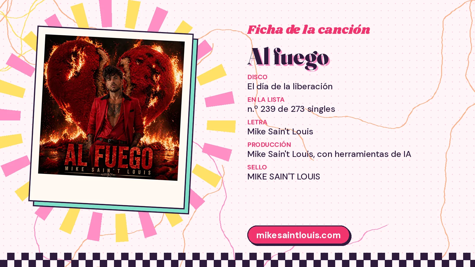 Ficha de la canción «Al fuego» con su carátula: disco «El día de la liberación», letra y producción de Mike Sain't Louis